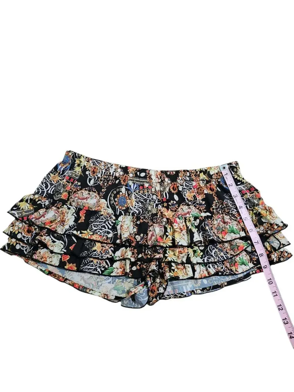 Lisa Blue Women's US 10 Large Black Silk Baroque Print Ruffled Mini Shorts Y2K